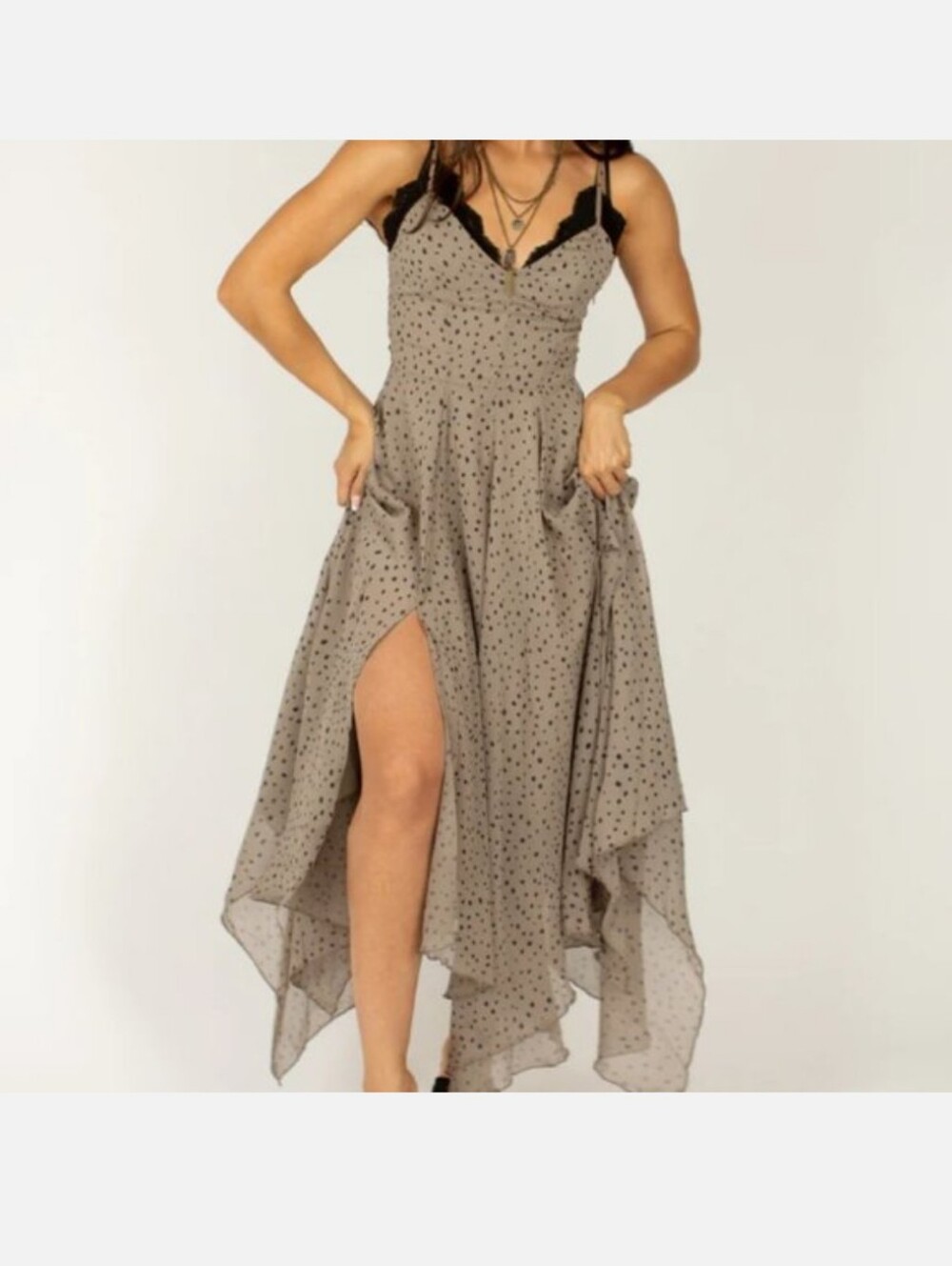 Brown Polka Dot Spaghetti Strap Maxi Dress